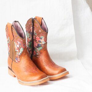 Kids Western Cowboy Boots Floral Pink & Brown Square Toe Botas Vaquera 9 Toddler